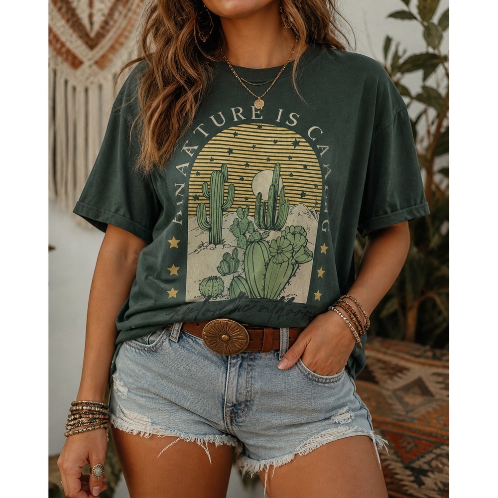 Adventure Is Calling T-Shirt Dark Green Large, Cactus Boho Van Life Arizona Tee
